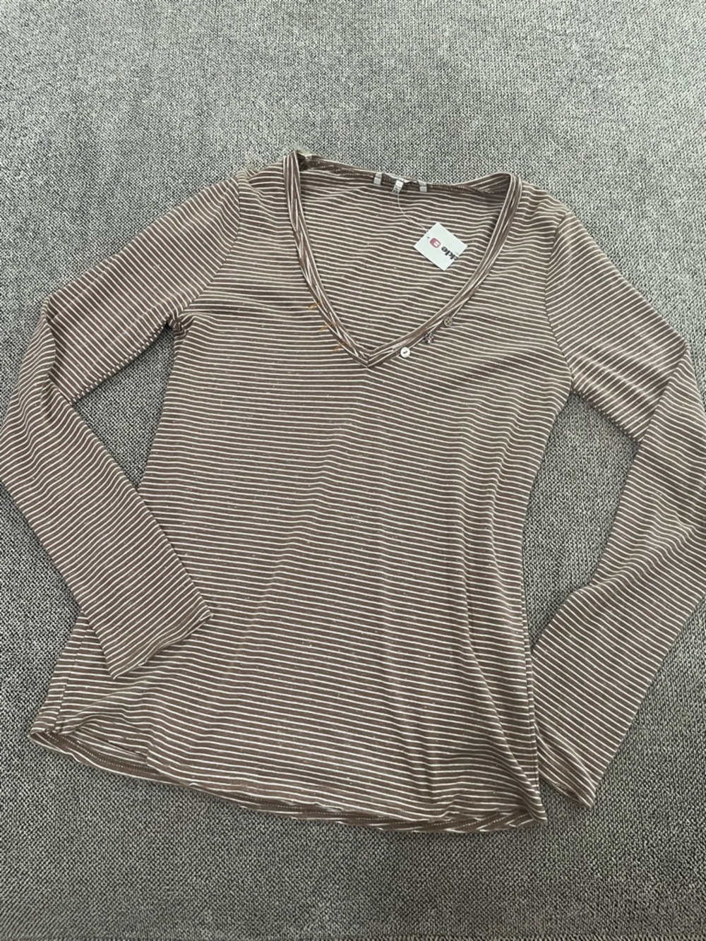 BKE Taupe & White Striped V-Neck Long Sleeve Top